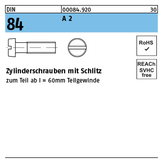 DIN 84 A 2 Zylinderschrauben mit Schlitz - Abmessung: M 3 x 22, Inhalt: 1000 Stück