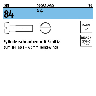 DIN 84 A 4 Zylinderschrauben mit Schlitz - Abmessung: M 6 x 75, VE mit 50 Stück