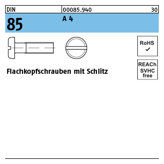 DIN 85 A 4 Flachkopfschrauben mit Schlitz - Abmessung: M 4 x 30, Inhalt: 100 Stück