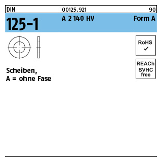 DIN 125-1 A 2 140 HV Form A Scheiben, ohne Fase - Abmessung: 2,2 x 5 x0,3, Inhalt: 1000 Stück