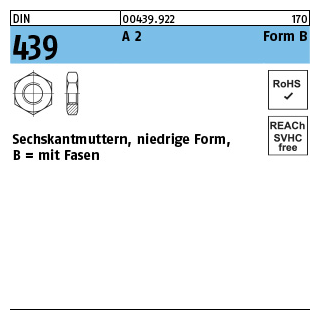 DIN 439 A 2 Form B Sechskantmuttern, niedrige Form, mit Fasen - Abmessung: BM 3, Inhalt: 100 Stück