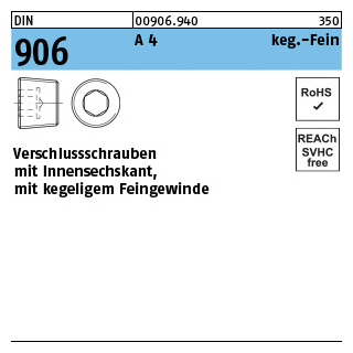 DIN 906 A 4 keg.-Fein verschlussschrauben mit Innensechskant, mit kegeligem Feingewinde - Abmessung: M 12 x 1,5, Inhalt: 100 Stück
