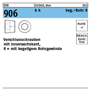 DIN 906 A 4 keg.-Rohr R verschlussschrauben mit Innensechskant, mit kegeligem Rohrgewinde - Abmessung: R 1/8, Inhalt: 50 Stück