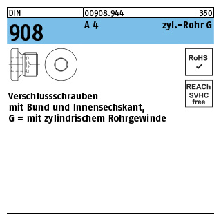 DIN 908 A 4 zyl.-Rohr G verschlussschrauben mit Bund und Innensechskant,mit zyl. Rohrgewinde - Abmessung: G 2 A, Inhalt: 1 Stück