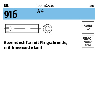 DIN 916 A 4 Gewindestifte mit Ringschneide, mit Innensechskant - Abmessung: M 6 x 30, Inhalt: 200 Stück