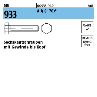 DIN 933 A 4 - 70 Sechskantschrauben mit Gewinde bis Kopf - Abmessung: M 10 x 90, Inhalt: 50 Stück