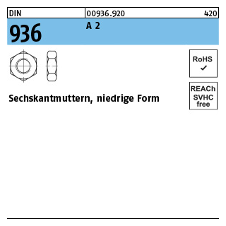 DIN 936 A 2 Sechskantmuttern, niedrige Form - Abmessung: M 8, Inhalt: 100 Stück