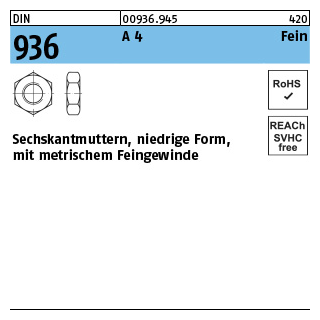 DIN 936 A 4 Fein Sechskantmuttern, niedrige Form mit metrischem Feingewinde - Abmessung: M 10 x 1, Inhalt: 50 Stück
