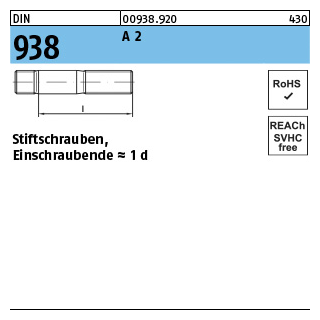 DIN 938 A 2 Stiftschrauben, Einschraubende = 1 d - Abmessung: M 8 x 35, Inhalt: 25 Stück