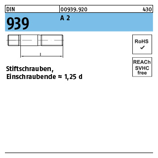DIN 939 A 2 Stiftschrauben, Einschraubende = 1,25 d - Abmessung: M 6 x 16, Inhalt: 25 Stück