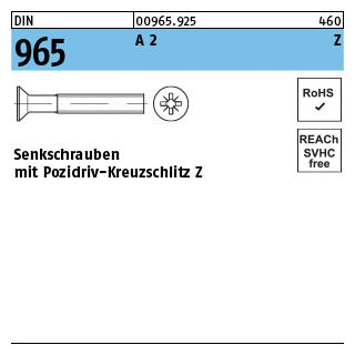 DIN 965 A 2 Z Senkschrauben mit Pozidriv-Kreuzschlitz Z - Abmessung: M 2,5x 10 -Z, Inhalt: 1000 Stück