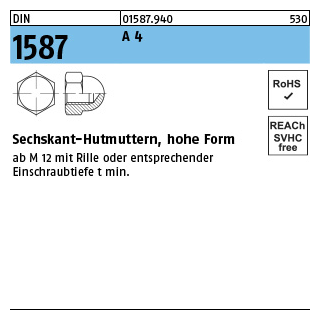 DIN 1587 A 4 Sechskant-Hutmuttern, hohe Form - Abmessung: M 3, Inhalt: 100 Stück