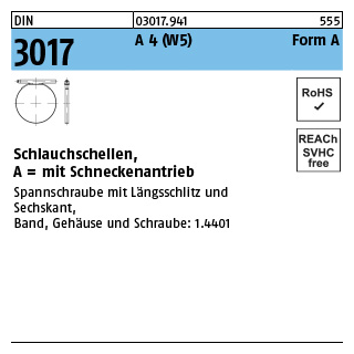 DIN 3017 A 4 (W5) Form A Schlauchschellen, mit Schneckenantrieb - Abmessung: 12- 20/ 9 C7, Inhalt: 100 Stück