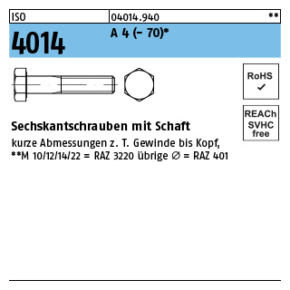 ISO 4014 A 4 - 70 Sechskantschrauben mit Schaft - Abmessung: M 5 x 70, Inhalt: 100 Stück