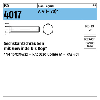 ISO 4017 A 4 - 70 Sechskantschrauben mit Gewinde bis Kopf - Abmessung: M 3 x 5*, Inhalt: 100 Stück