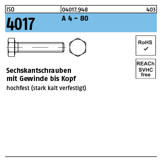 ISO 4017 A 4 - 80 Sechskantschrauben mit Gewinde bis Kopf - Abmessung: M 10 x 16, Inhalt: 100 Stück