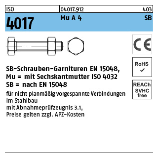 ISO 4017 Mu A 4 SB SB-Schrauben-Garnituren EN 15048, mit Sechskantmutter ISO 4032 - Abmessung: M 12 x 30, Inhalt: 50 Stück