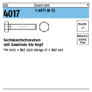 ISO 4017 1.4571 (A 5) Sechskantschrauben mit Gewinde bis Kopf - Abmessung: M 12 x 45, Inhalt: 1 Stück