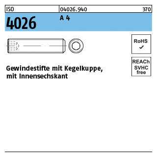 ISO 4026 A 4 Gewindestifte mit Kegelkuppe und Innensechskant - Abmessung: M 3 x 4, Inhalt: 500 Stück