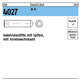 ISO 4027 A 4 Gewindestifte mit Spitze und Innensechskant - Abmessung: M 3 x 8, Inhalt: 500 Stück