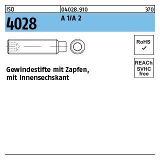 ISO 4028 A 1/A 2 Gewindestifte mit Zapfen und Innensechskant - Abmessung: M 2 x 10, Inhalt: 500 Stück