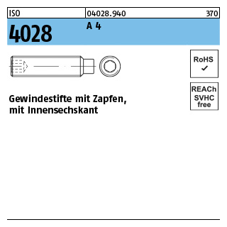 ISO 4028 A 4 Gewindestifte mit Zapfen und Innensechskant - Abmessung: M 4 x 16, Inhalt: 500 Stück