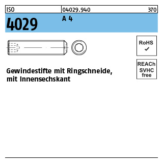 ISO 4029 A 4 Gewindestifte mit Ringschneide und Innensechskant - Abmessung: M 3 x 6, Inhalt: 500 Stück