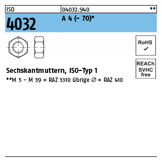ISO 4032 A 4 - 70 Sechskantmuttern, ISO-Typ 1 - Abmessung: M 2*, Inhalt: 100 Stück