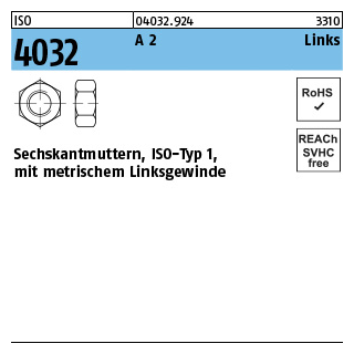 ISO 4032 A 2 Links Sechskantmuttern, ISO-Typ 1, mit metrischem Linksgewinde - Abmessung: M 5, Inhalt: 100 Stück