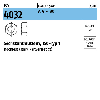 ISO 4032 A 4 - 80 Sechskantmuttern, ISO-Typ 1 - Abmessung: M 8, Inhalt: 200 Stück