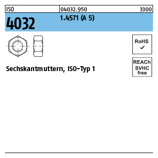 ISO 4032 1.4571 (A 5) Sechskantmuttern, ISO-Typ 1 - Abmessung: M 8, Inhalt: 100 Stück