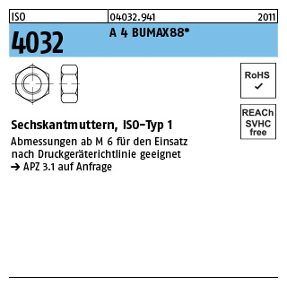 ISO 4032 A 4 BUMAX88 Sechskantmuttern, ISO-Typ 1 - Abmessung: M 20, Inhalt: 25 Stück