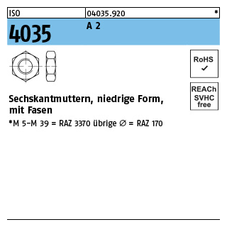 ISO 4035 A 2 Niedrige Sechskantmuttern mit Fasen - Abmessung: M 27, Inhalt: 10 Stück