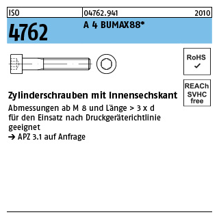 ISO 4762 A 4 BUMAX88 Zylinderschrauben mit Innensechskant - Abmessung: M 3 x 10, Inhalt: 500 Stück