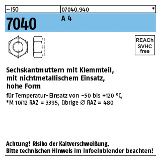 ISO 7040 A 4 Sechskantmuttern mit Klemmteil, mit nichtmetallischem Einsatz, hohe Form - Abmessung: M 16, Inhalt: 25 Stück