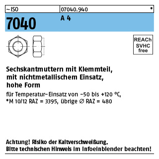 ISO 7040 - Sechskantmuttern mit Klemmteil - mit nichtmetallischem Einsatz - hohe Form - Edelstahl A4 - M16 - 25 Stück