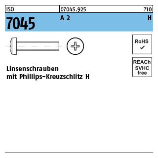ISO 7045 A 2 H Linsenschrauben mit Phillips-Kreuzschlitz H - Abmessung: M 1,6 x 2 -H, Inhalt: 1000 Stück
