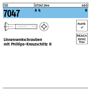 ISO 7047 A 4 H Linsensenkschrauben mit Phillips-Kreuzschlitz H - Abmessung: M 5 x 6 -H, Inhalt: 500 Stück