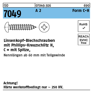 ISO 7049 A 2 Form C-H Linsenkopf-Blechschrauben mit Spitze, mit Phillips-Kreuzschlitz H - Abmessung: C 2,2 x 4,5-H, Inhalt: 1000 Stück