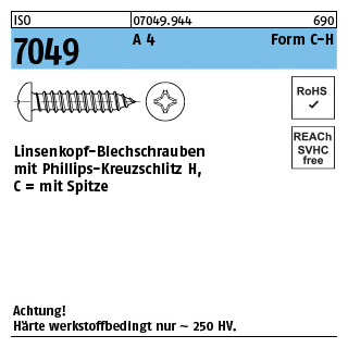 ISO 7049 A 4 Form C-H Linsenkopf-Blechschrauben mit Spitze, mit Phillips-Kreuzschlitz H - Abmessung: C 2,9 x 6,5-H, Inhalt: 1000 Stück