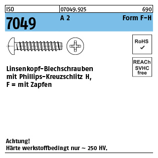 ISO 7049 A 2 Form F-H Linsenkopf-Blechschrauben mit Zapfen, mit Phillips-Kreuzschlitz H - Abmessung: 2,9 x 13 -F-H, Inhalt: 1000 Stück