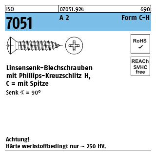 ISO 7051 A 2 Form C-H Linsensenk-Blechschrauben mit Spitze, mit Phillips-Kreuzschlitz H - Abmessung: 2,9 x 9,5-C-H, Inhalt: 1000 Stück