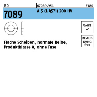 ISO 7089 A 5 (1.4571) 200 HV Flache Scheiben, normale Reihe, Produktklasse A, ohne Fase - Abmessung: 6, Inhalt: 100 Stück