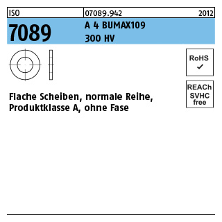 ISO 7089 A 4 BUMAX109 300 HV Flache Scheiben, normale Reihe, Produktklasse A, ohne Fase - Abmessung: 8, Inhalt: 100 Stück