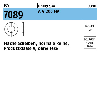 ISO 7089 - Flache Scheiben - normale Reihe - Produktklasse A - ohne Fase - Edelstahl A4 200 HV - 16 - 100 Stück