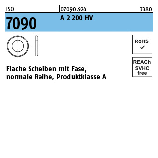 ISO 7090 A 2 200 HV Flache Scheiben mit Fase, normale Reihe, Produktklasse A - Abmessung: 6, Inhalt: 200 Stück