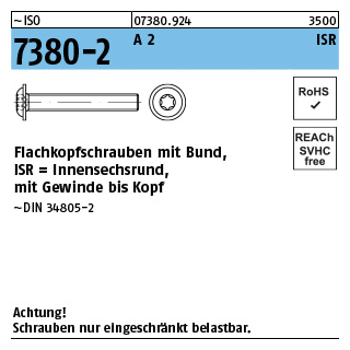 ~ISO 7380-2 A 2 ISR Flachkopfschrauben mit Innensechsrund und Bund - Abmessung: M 3 x 20 -T10, Inhalt: 500 Stück