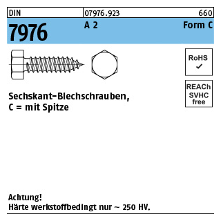 DIN 7976 A 2 Form C Sechskant-Blechschrauben, mit Spitze - Abmessung: C 3,9 x 13, Inhalt: 1000 Stück