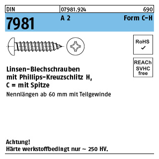 DIN 7981 A 2 Form C-H Linsen-Blechschrauben mit Spitze, mit Phillips-Kreuzschlitz H - Abmessung: C 2,2 x 6,5-H, Inhalt: 100 Stück