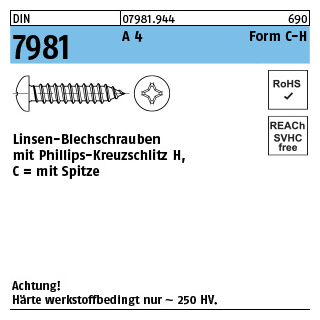 DIN 7981 A 4 Form C-H Linsen-Blechschrauben mit Spitze, mit Phillips-Kreuzschlitz H - Abmessung: C 2,2 x 9,5-H, Inhalt: 1000 Stück